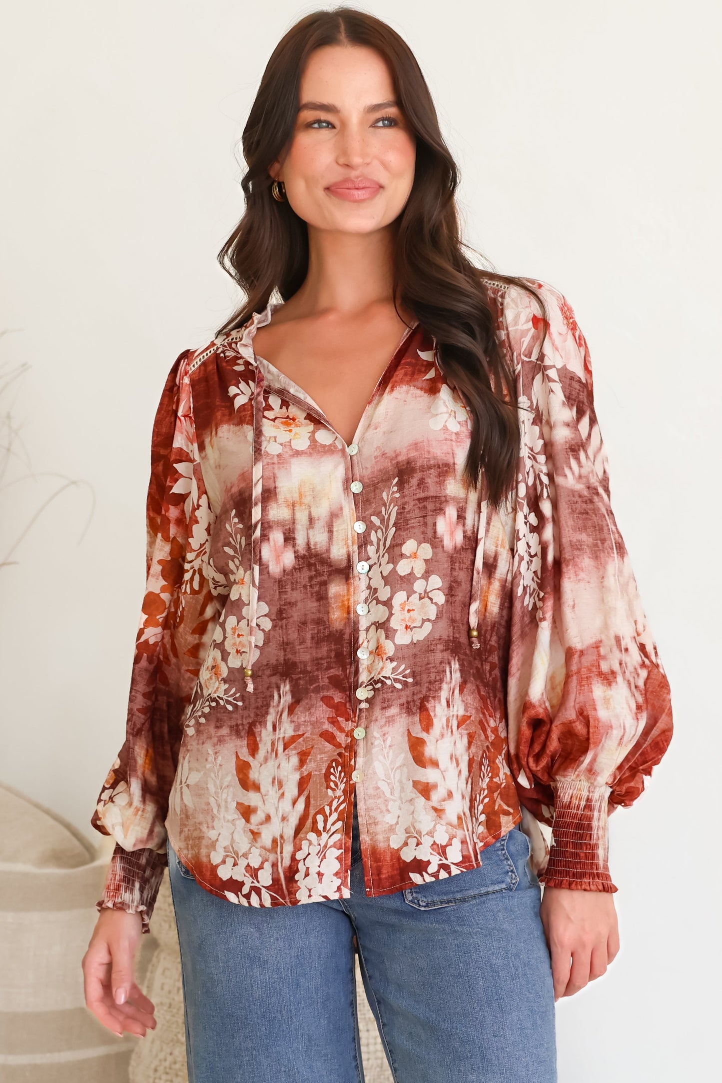 Violet Blouse - Frill Collar Button Down Balloon Sleeve Top in Ashara Print