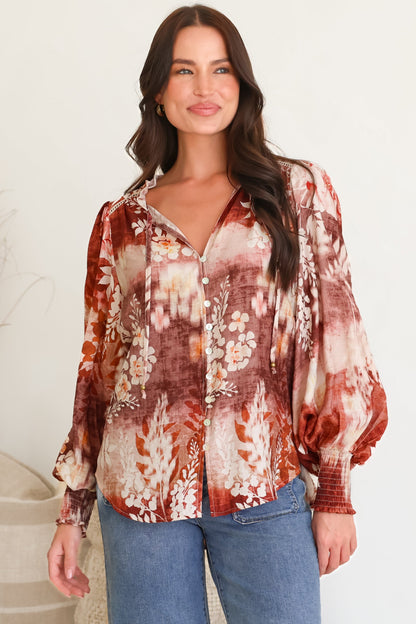 Violet Blouse - Frill Collar Button Down Balloon Sleeve Top in Ashara Print