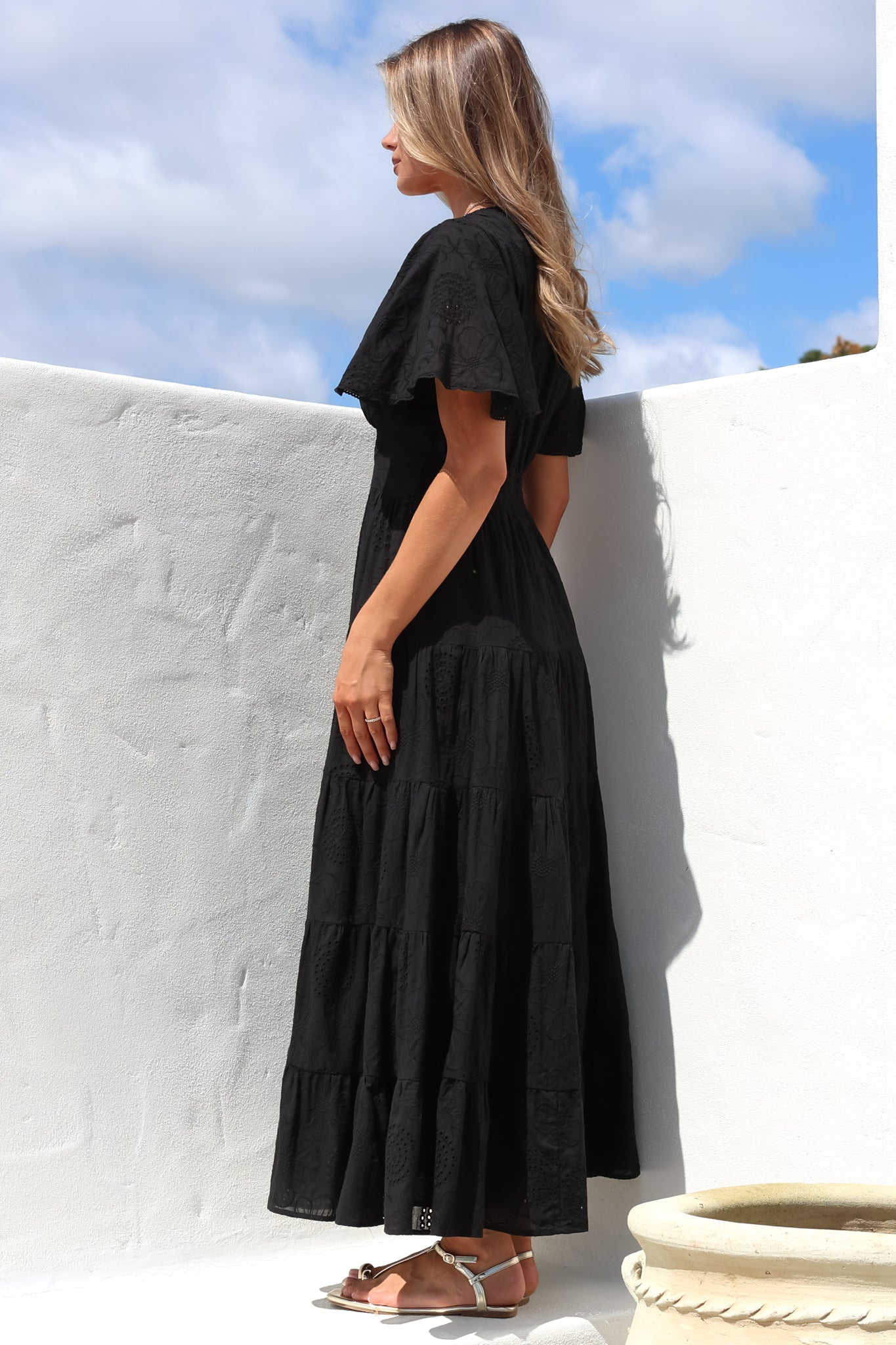 Yelena Maxi Dress - Embroidered Floral Tiered A-Line Dress in Black