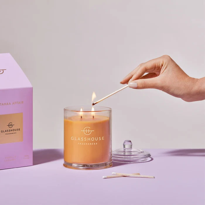 Glasshouse A Tahaa Affair 13.4 oz soy candle vanilla caramel coconut home fragrance gift from Magnolias Home Decor