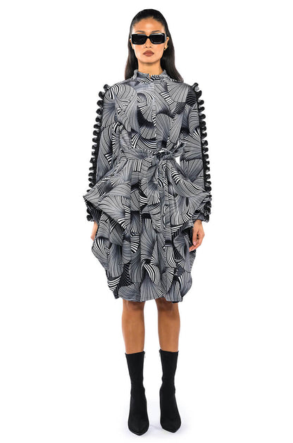 ABSTRACT PRINT BELTED LONG SLEEVE MINI DRESS