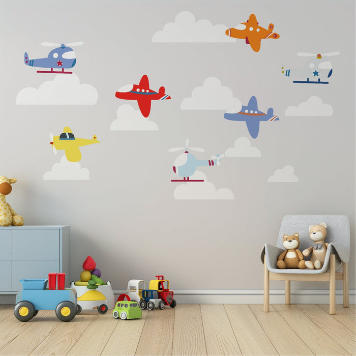 Boys Wall Decals Transport Airplanes Helicopters Clouds, Boys Wall Stickers, Boys Nursery Wall Decor, Boys Bedroom Decor, Boys Nursery, Made in Canada | Pippa + June
