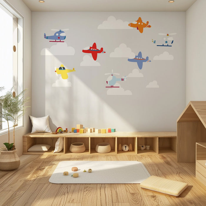 Boys Wall Decals Transport Airplanes Helicopters Clouds, Boys Wall Stickers, Boys Nursery Wall Decor, Boys Bedroom Decor, Boys Nursery, Made in Canada | Pippa + June