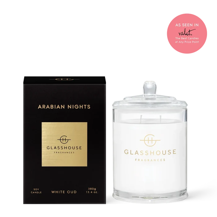 Glasshouse Arabian Nights 13.4 oz soy candle saffron white oud rose home fragrance gift from Magnolias Home Decor