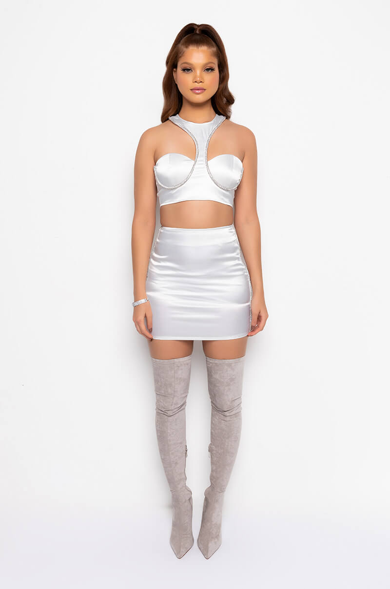 54321 SATIN RHINESTONE MINI SKIRT
