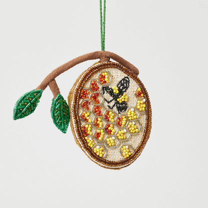 Beehive beaded ornament with linen back, handmade from cotton-linen blend