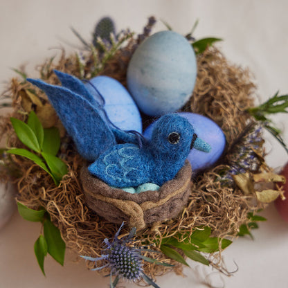 Mama bluebird felt ornament – handmade wool gift for new moms, symbolizing motherhood and nurturing.