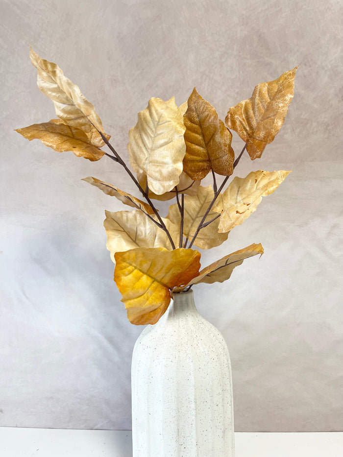 Silk light brown leather leaf spray for farmhouse transitional fall home decor from Magnolias Home Decor