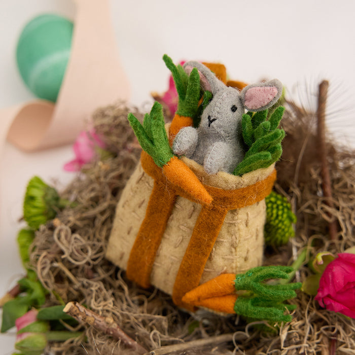 Handmade felt ornament of bunny in Adirondack-style basket – eco-friendly spring decor