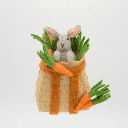 Cute bunny in backpack basket with carrots – handcrafted Easter ornament from India
