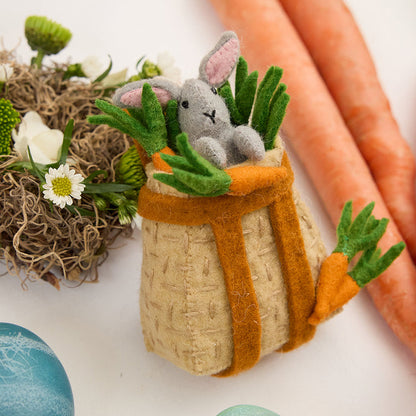 Felt wool bunny in backpack basket – handmade Easter tree decoration or gift basket charm