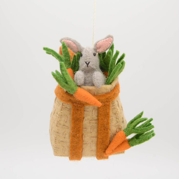 Fair trade felt ornament with bunny and carrots in basket – spring nature-inspired decor