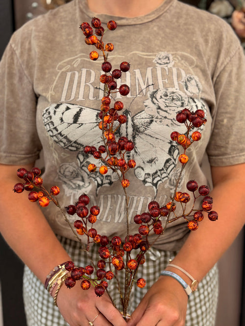 Silk burgundy rosehip berry spray outdoor safe for farmhouse traditional fall home decor from Magnolias Home Decor
