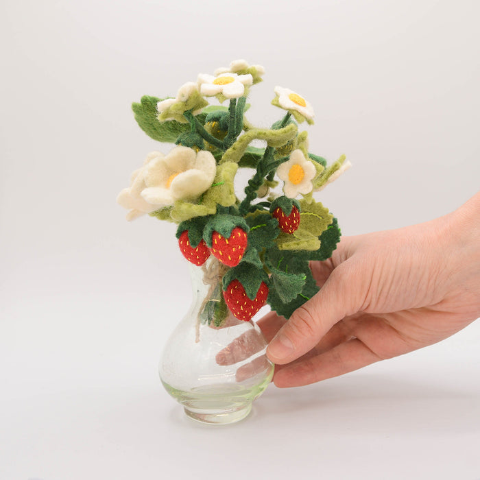 Felt strawberry bouquet with red berries and flowers in eco-friendly glass vase, artisan-made.