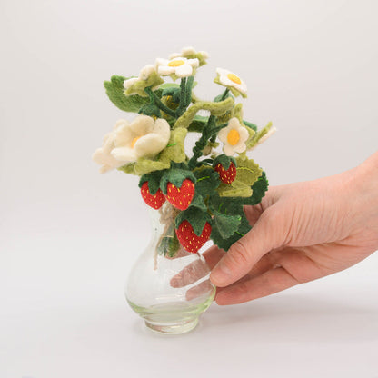 Felt strawberry bouquet with red berries and flowers in eco-friendly glass vase, artisan-made.