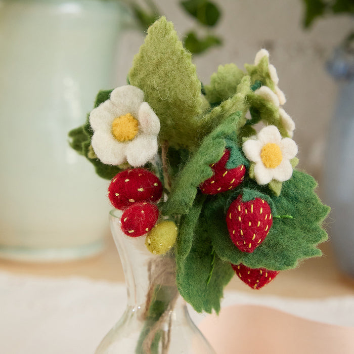 Whimsical wool strawberry and flower arrangement in handblown vase, perfect spring or summer gift.