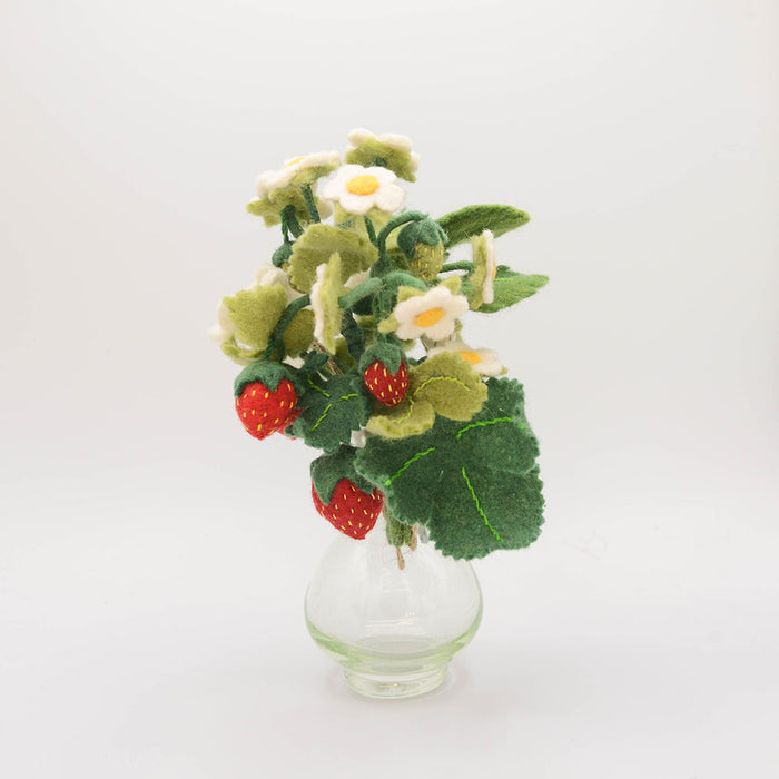 Hand-felted strawberry bouquet with white blossoms and greenery in recycled glass vase, handmade decor.