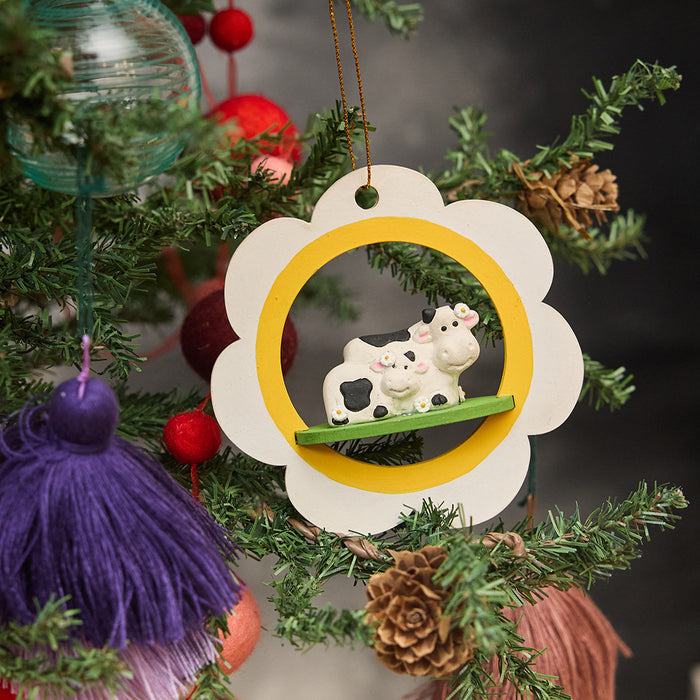 Daisy Cows ornament hanging on Christmas tree – handmade rustic holiday decor