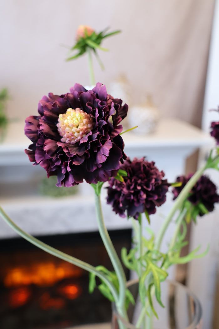 Silk eggplant scabiosa spray outdoor safe for transitional everyday home decor from Magnolias Home Decor