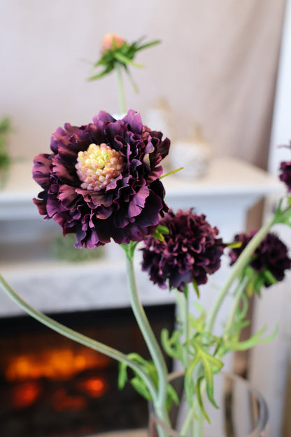 Silk eggplant scabiosa spray outdoor safe for transitional everyday home decor from Magnolias Home Decor
