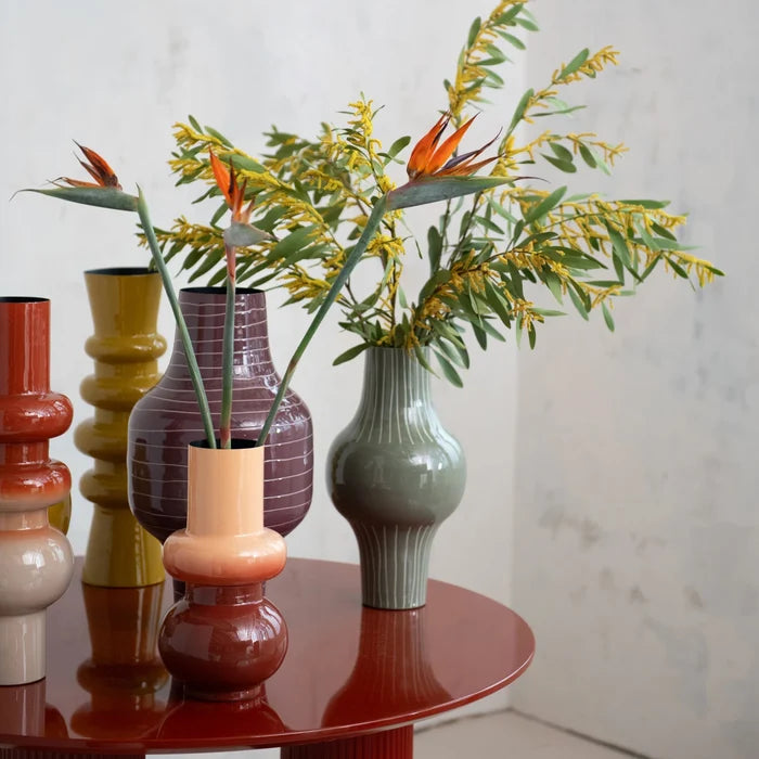 Grey Enameled Metal Indoor/Outdoor Organic Striped Vase