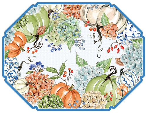 Paper hydrangea pumpkin die cut placemats 13 x 17 inch set of 10 for cottagecore traditional fall entertaining from Magnolias Home Decor