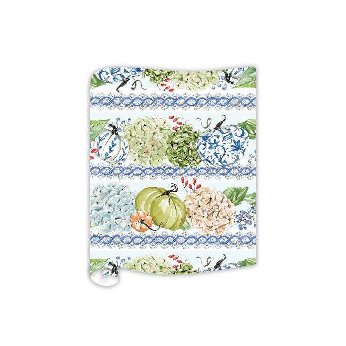 Paper hydrangea pumpkin fall table runner for traditional seasonal entertaining from Magnolias Home Decor