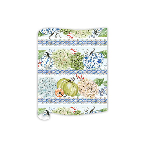 Paper hydrangea pumpkin fall table runner for traditional seasonal entertaining from Magnolias Home Decor