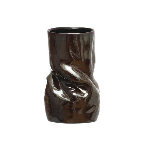 5-1/2" Round x 8-3/4"H Stoneware Organic Shaped Vase, Iridescent Finish, Brown