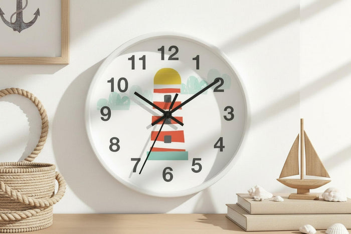 Kids Wall Clock Ocean Lighthouse, Boys Wall Clock, Boys Nursery Wall Clock, Boys Baby Shower Gift, Nautical Wall Clock, Boys Wall Decor, Kids Room Decor, Made in the USA | Pippa + June