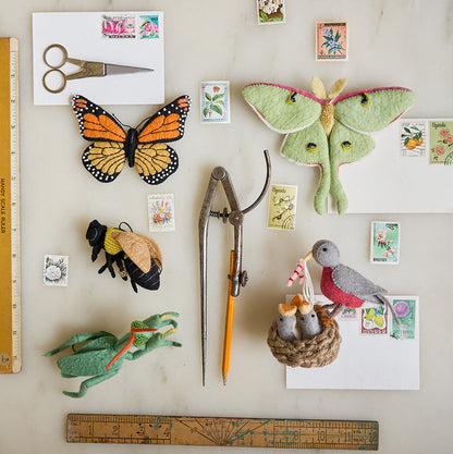 Eco-conscious Luna Moth ornament made from natural wool, symbolizing transformation and supporting youth environmental education through the Pollinator Collection