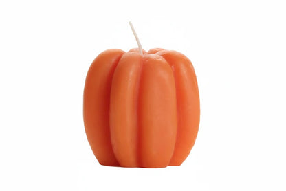 Big Dipper Wax Works Medium Beeswax Pumpkin Candle in light orange, unlit product shot against a white background, showing a tall upright ribbed pumpkin form with a short wick at the top