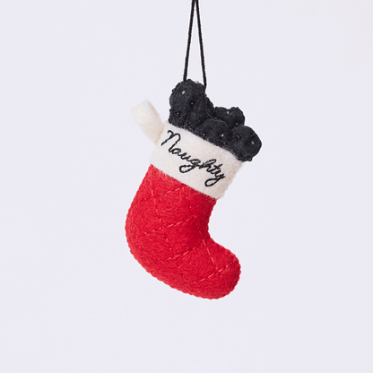 Craftspring’s Naughty Stocking with Coal Ornament rotating to show front, side, and back views — felt red stocking filled with felt coal and beads, embroidered “naughty,” a whimsical ornament perfect for holiday gifting — heirloom-quality Christmas decor, ethically crafted by artisans using sustainable wool.