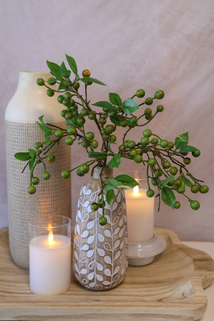 Silk green olive berry spray 14 inch outdoor safe for farmhouse transitional everyday home decor from Magnolias Home Decor