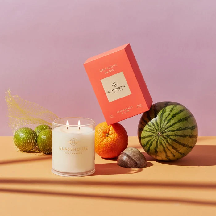 Glasshouse One Night In Rio 13.4 oz soy candle passionfruit lime melon home fragrance gift from Magnolias Home Decor