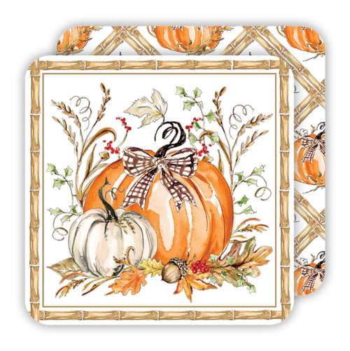 Paper orange white pumpkin fall coasters for traditional seasonal entertaining from Magnolias Home Decor