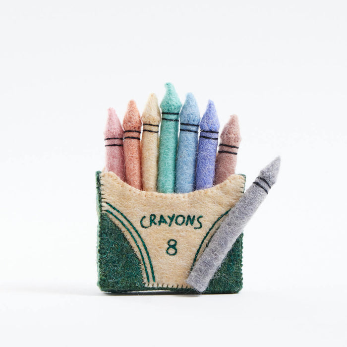 Pastel crayon felt ornament with soft-colored stitched crayons in a felt box. Ideal teacher gift or art-themed holiday décor. Handmade and fair trade.