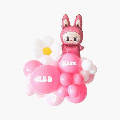 Pink Lafufu balloon with a flower and 'HBD' text on a white background