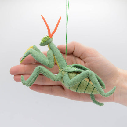 Nature-inspired Praying Mantis ornament handmade from wool with bead eyes and stitched details