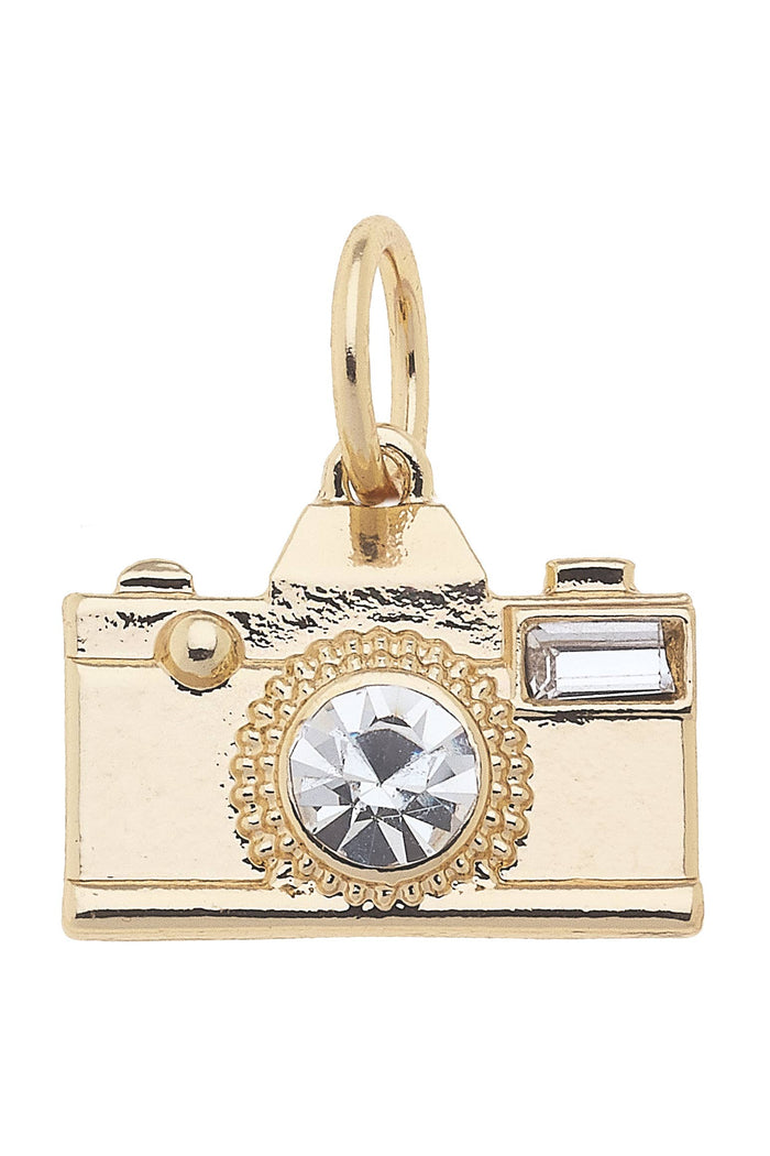Gold rhinestone camera charm for jewelry gift from Magnolias Home Decor