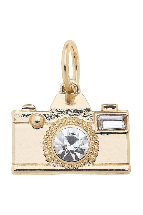 Gold rhinestone camera charm for jewelry gift from Magnolias Home Decor