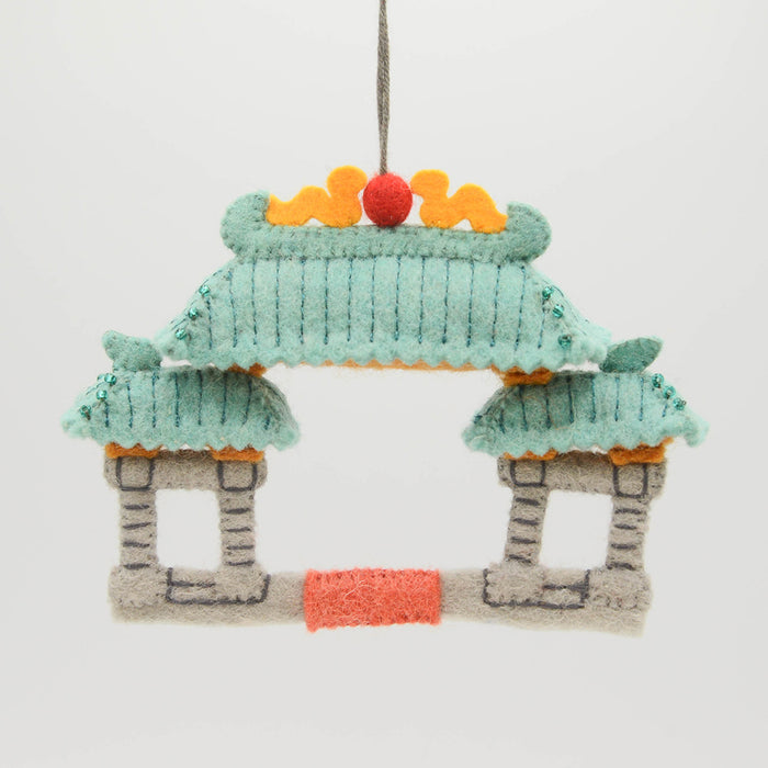 Felt Chinatown Gate ornament with embroidered dragons and jade roof, handmade and fair trade.