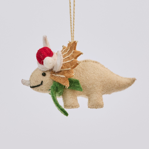 Handmade felt Santa Triceratops ornament from Craftspring rotating to show front, side, and back views—featuring a dinosaur wearing a red Santa hat and green scarf, with intricate embroidered and beaded details highlighting artisan craftsmanship and festive holiday charm, ethically crafted using sustainable wool.