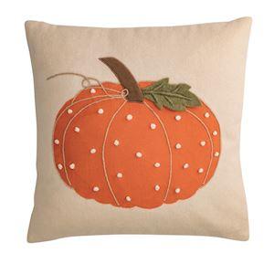 Felted wool pumpkin french knot applique square pillow for cottagecore traditional fall home decor from Magnolias Home Decor