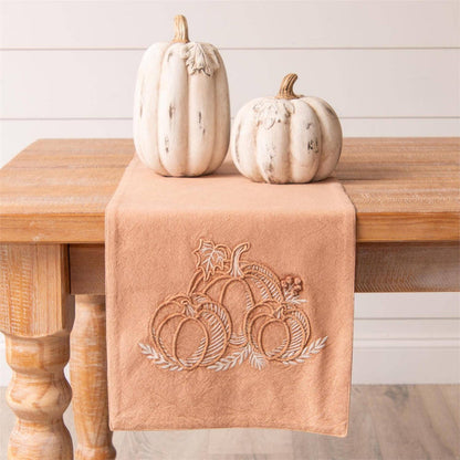 Cotton stonewash embroidered pumpkin table runner 60 x 14 inch for farmhouse traditional fall home decor from Magnolias Home Decor