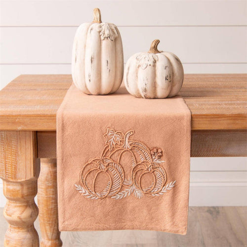 Cotton stonewash embroidered pumpkin table runner 60 x 14 inch for farmhouse traditional fall home decor from Magnolias Home Decor
