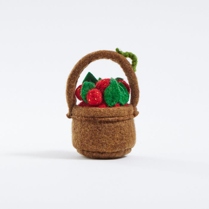 Hand-felted strawberry basket ornament with wool strawberries and caterpillar, eco-friendly holiday decor.