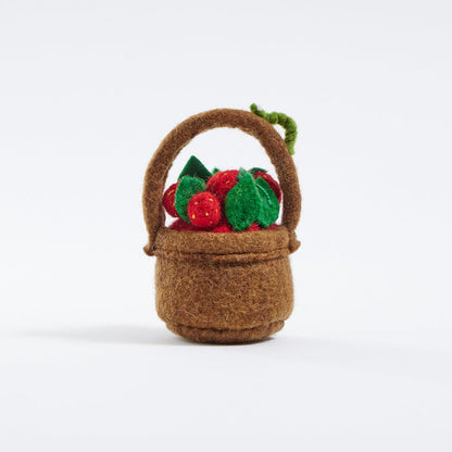 Hand-felted strawberry basket ornament with wool strawberries and caterpillar, eco-friendly holiday decor.