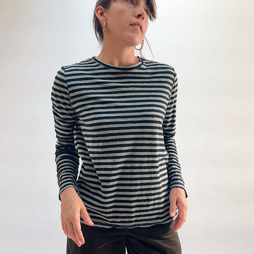 Cut Loose Striped Long Sleeve Easy Tee in Squirrel, black and grey horizontal stripe cotton-linen crewneck tee, worn with dark wide-leg trousers — front view, relaxed fit