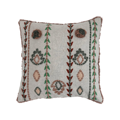 20" Cotton Pillow w/ Embroidery, Chambray Back & Fringe, Polyester Fill